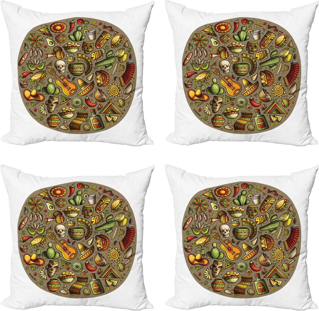 ABAKUHAUS spanisch Kissenbezug Set (4 Stück), Bunte Doodles in Platz, Moderner Doppelseitiger Digitaldruck, 50 cm x 50 cm, Kakao und Multicolor