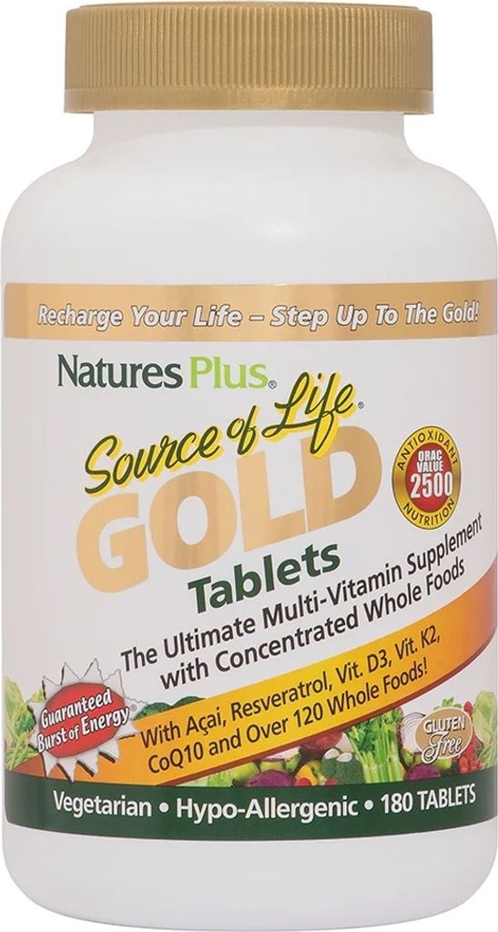 A white bottle of Natures Plus Source of Life Gold tablets against a white background.