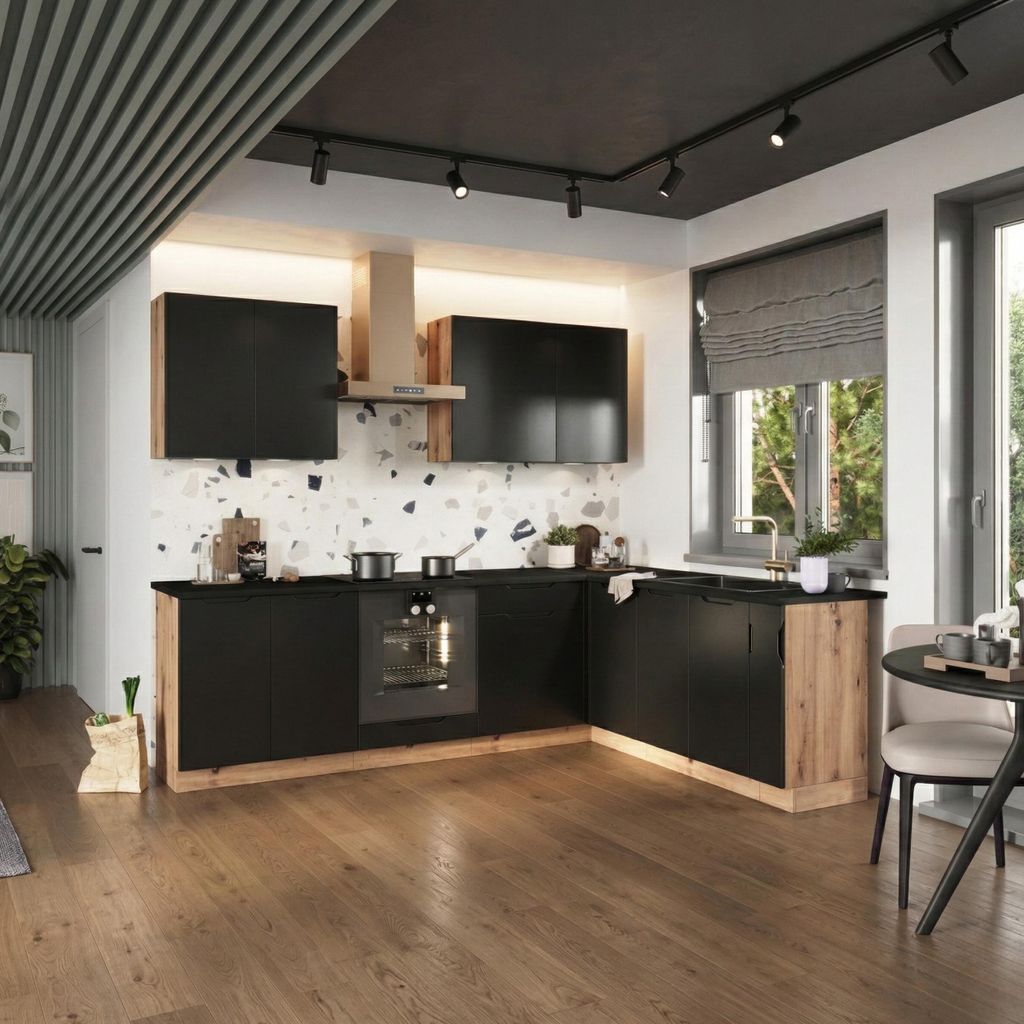 Winkelküche 200x260 cm Schwarz Matt - mit schwarzer Produktbild 