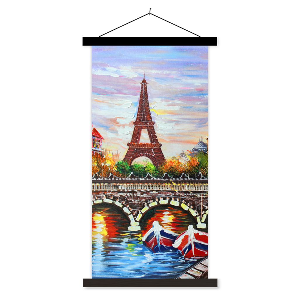 MuchoWow Textilposter Gemälde - Öl - Eiffelturm - Paris - Wasser 40x80 cm mit schwarzem Rahmen - Wandemalerei