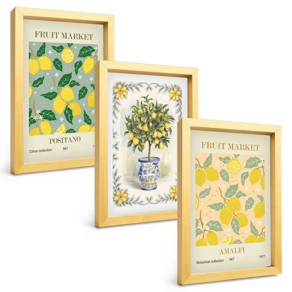 Bilder Set 3-teilig im Goldrahmen Rahmen – Wandbilder 3 Stück – gerahmte Poster für Wohnzimmer, Schlafzimmer und Flur – 20x30 cm – Zitrus...