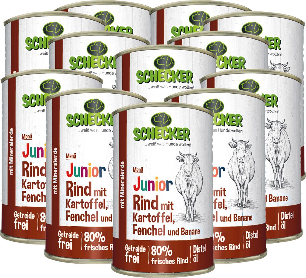 12 x 410g - Schecker Nassfutter - Hundemenü - Junior Rind mit Kartoffel, Fenchel und Banane