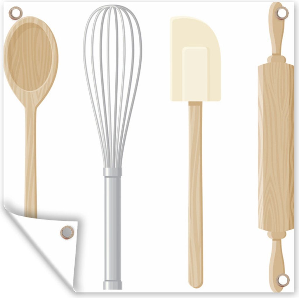 MuchoWow 80x60 cm Outdoor-Poster Gartendeko Sichtschutz Garten Poster für den Garten Eine Schöpfkelle und andere Küchengeräte in einer Illus...