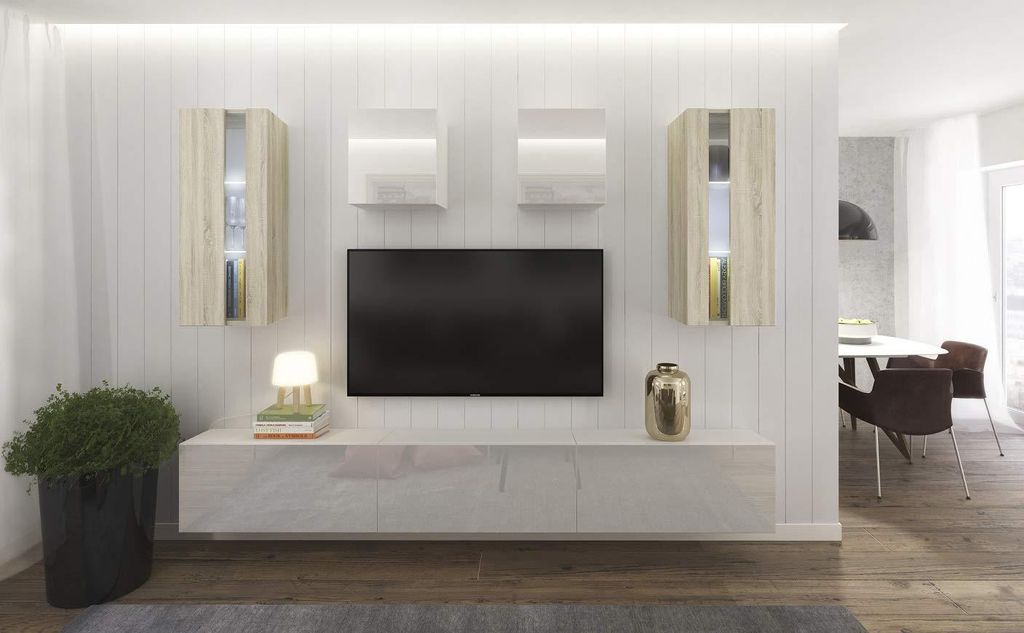 Furnitech Wohnwand Wohnzimmer - Wohnzimmer Möbel mit LED Blau - Hängend Wohnwand Modern - Regale und TV Schrank (AN291-17WS-HGM33 1A Klein)