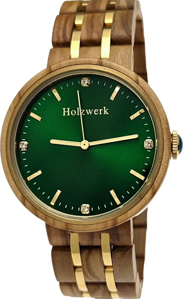 Montre en bois noyer brun Holzwerk PIRNA ornée de strass brillants 38mm