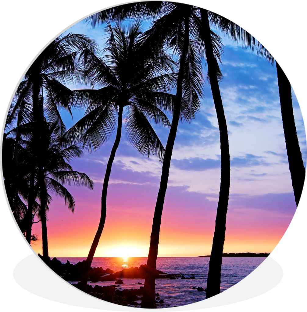 MuchoWow Rundes Wandbild - Runde Bilder Der farbenprächtige Sonnenuntergang hinter einer Reihe von Palmen auf Hawaii Ø 30 cm Kreis Wanddekorati...