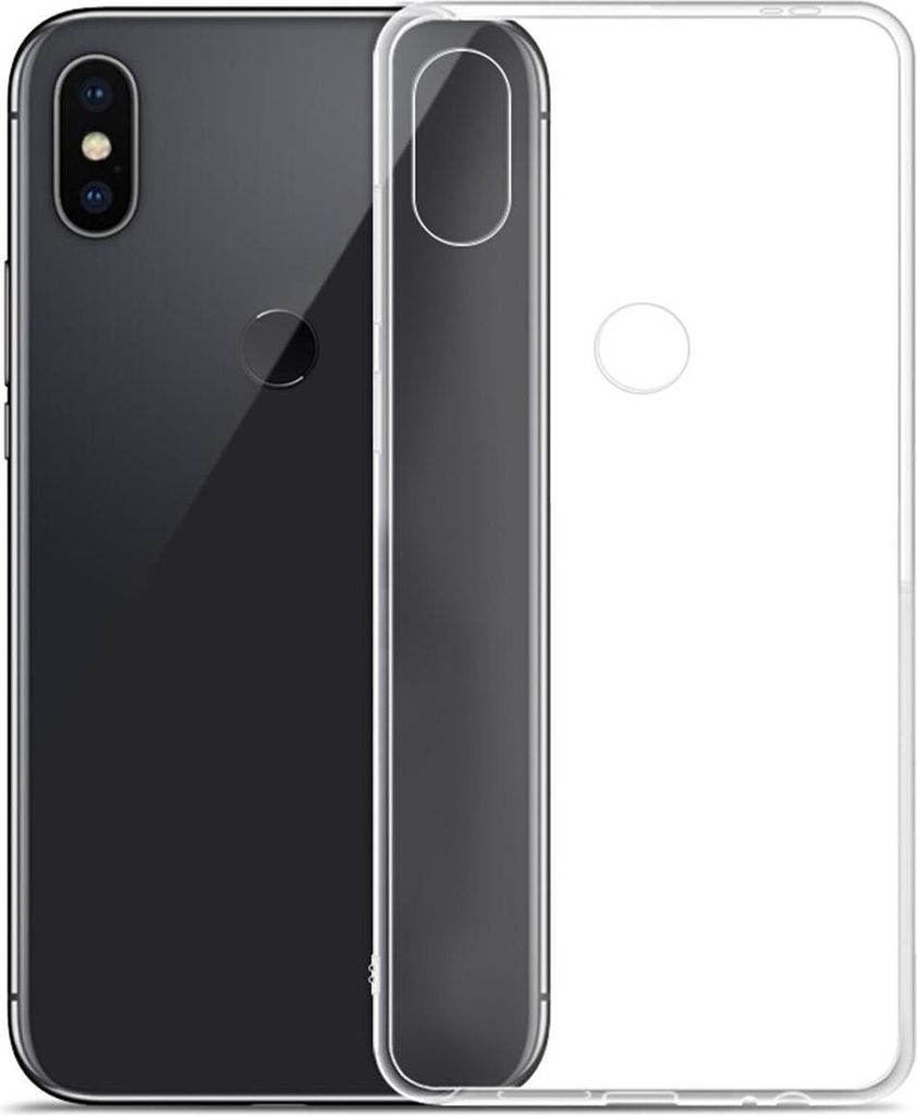 A transparent phone case is shown next to a black smartphone.