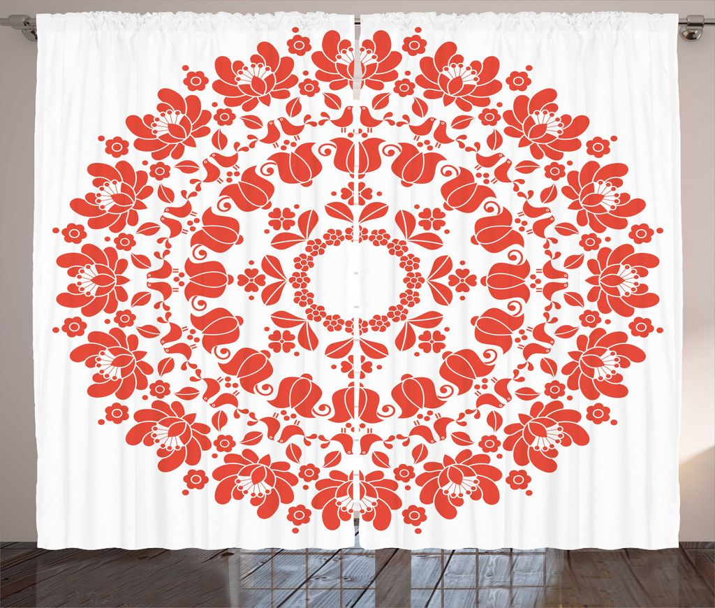ABAKUHAUS Red Mandala Rustikaler Vorhang, Ungarische Volkskunst, Wohnzimmer Universalband Gardinen mit Schlaufen und Haken, 280 x 245 cm, Rot und w...
