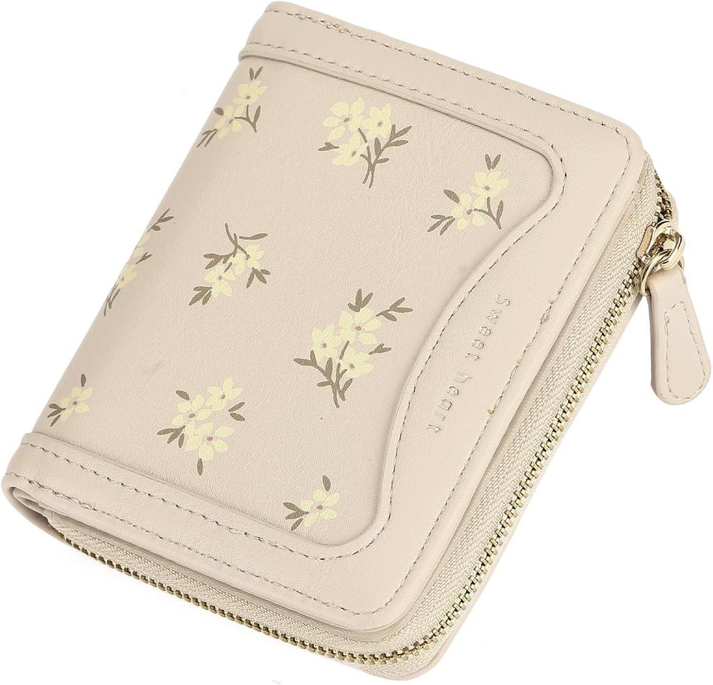 Geldbörse Damen Klein, mit Blumenmuster, Zweifalt Geldbeutel Leder mit Großkapazitive Tasche mit Reißverschluss, Kompakte Kurze den Täglichen G...