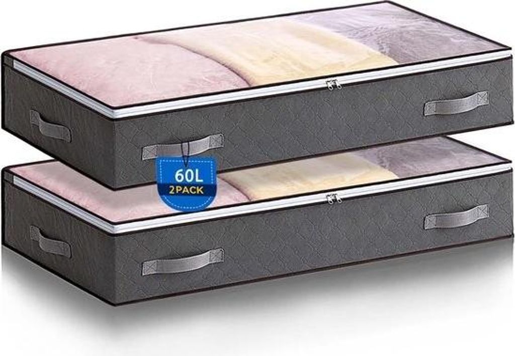 2 Stück Unterbett-Aufbewahrungsboxen mit Deckel – Unterbett-Aufbewahrung 60 l – Faltbare Unterbett-Aufbewahrungstaschen – Kleideraufbewahrun...