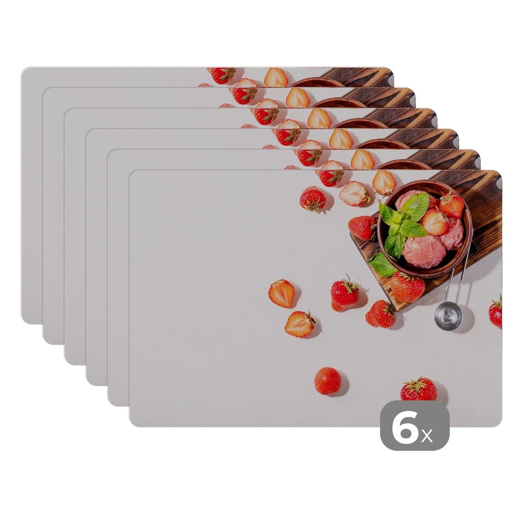 KitchenYeah Platzsets 6er Set Tischset abwaschbar Platzdecken 45x30 cm Erdbeere - Früchte - Kräuter - Eiszange - Tischmatte Platzmatte Unterset...