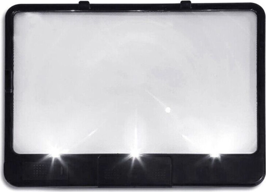 A black framed magnifying glass with three LED lights at the bottom.