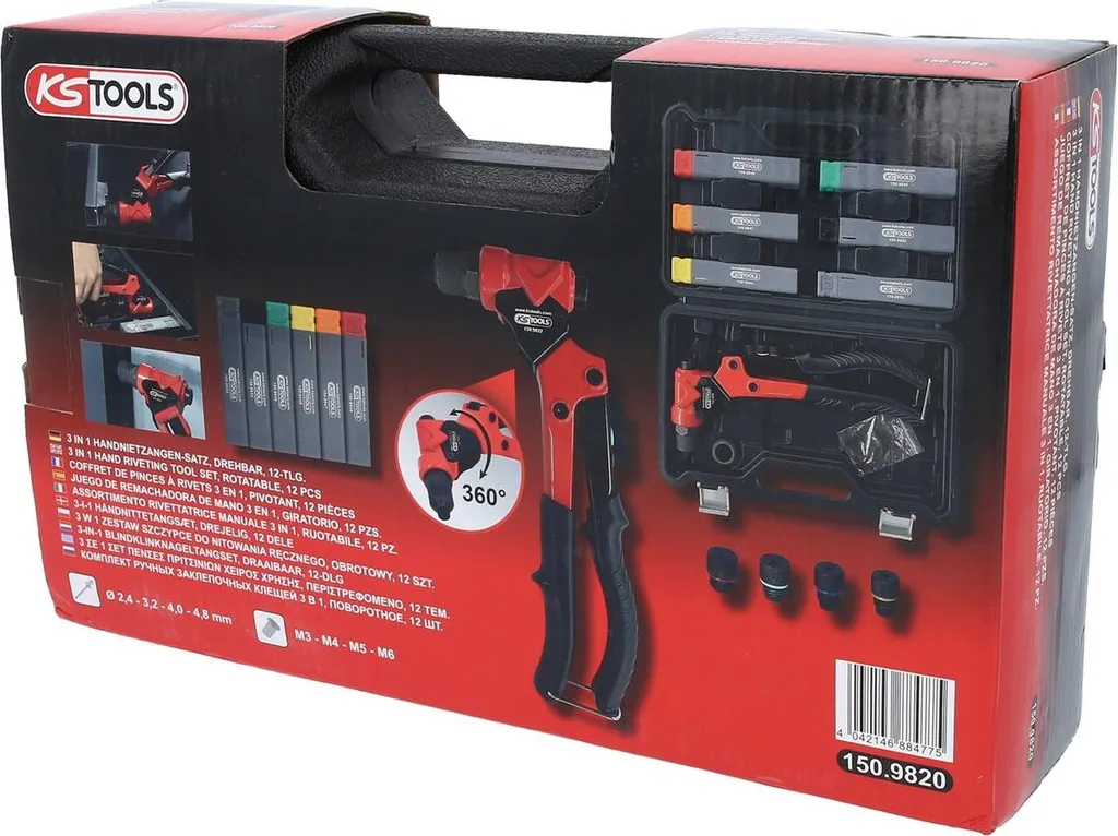 Jeu de pinces à riveter 3 en 1 pivotantes KS Tools avec embouts interchangeables - 13