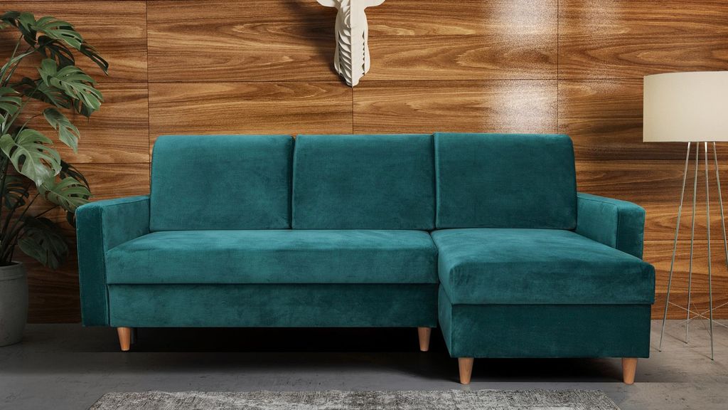 Ecksofa KAROLE grün, 222 cm breit, universell, mit Stauraum und Schlaffunktion