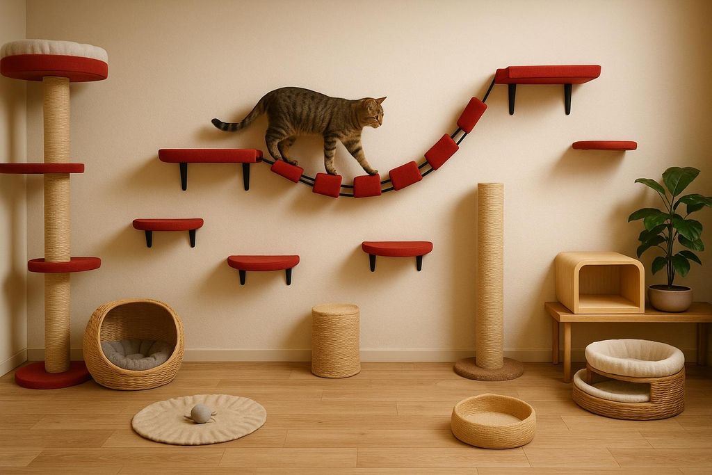 Katzenbrücke, 120x25 cm, 5 Wege und 2 Plattformen, rot, Produktbild 