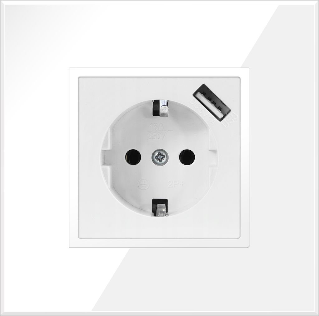 1-fach Steckdose + USB Weiß Komplett mit Glasrahmen Schuko 230V QUADRA