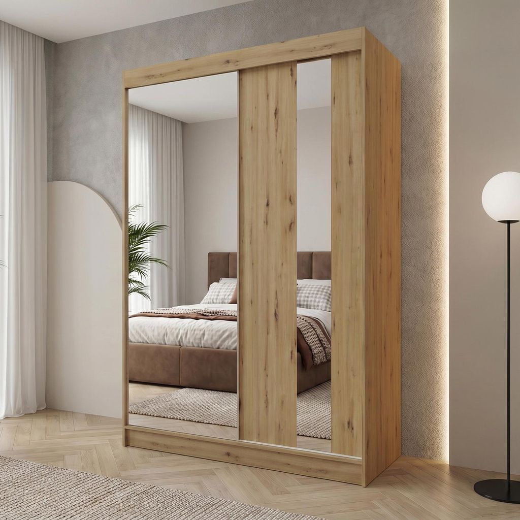 BEAUTYSOFA | Kleiderschrank GAJA 150 cm Artisan, Schrank mit Spiegel und Schubkasteneinsätze – 2-türiger Schiebetürenschrank Schlafzimmerschrank