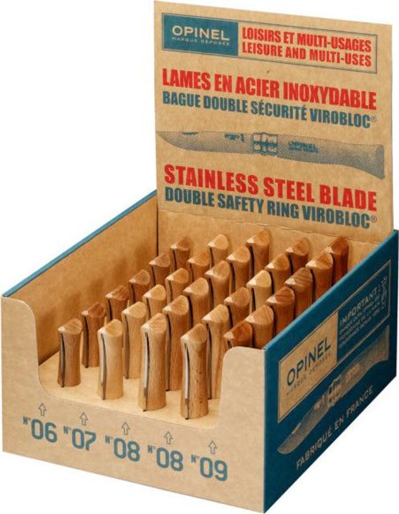 Geschenkset mit 30 Edelstahlmessern, 6 Stück Nr. 6 + 6 Stück Nr. 7 + 12 Stück Nr. 8 + 6 Stück Nr. 9. Opinel