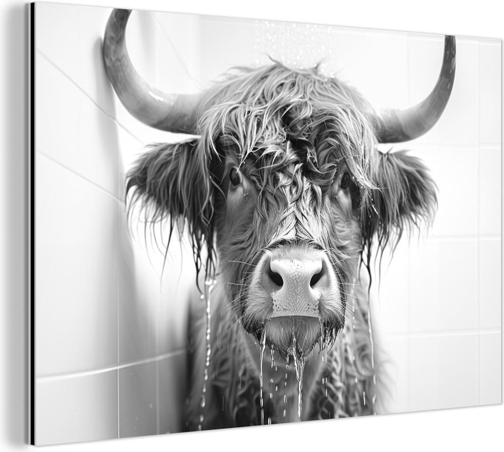 MuchoWow Wanddekoration Metall Metallbild Wandkunst 150x100 cm Schottisches Hochlandrind - Tier - Dusche - Humor MuchoWow Aluminium Gemälde - Alu ...