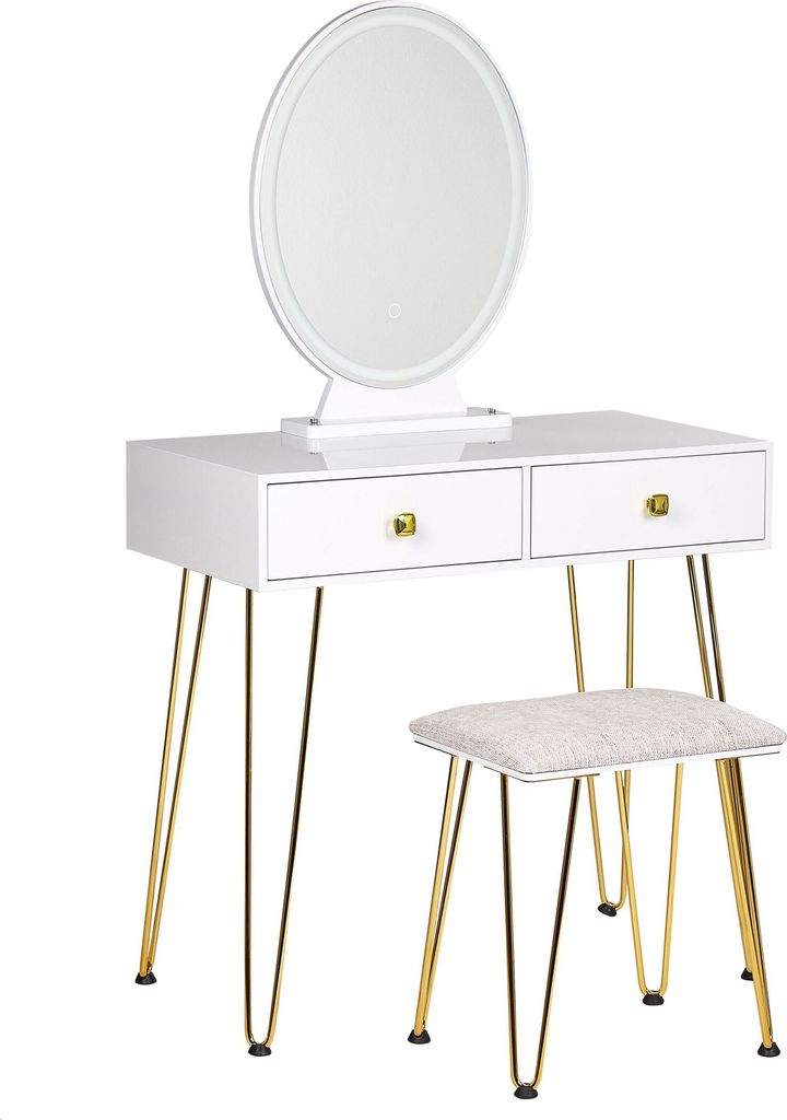 BELIANI Schminktisch Weiß und Gold MDF-Platte mit Metallbeinen Ovalem LED-Spiegel 2 Schubladen Hocker Glamour für Erwachsene Schlafzimmer Jugendz...