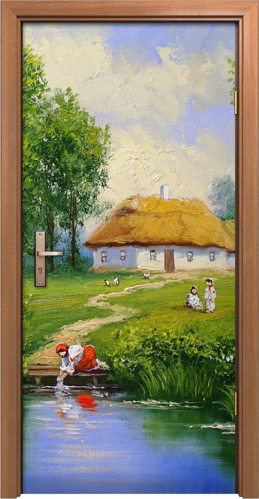 Türposter 90x200 cm Türaufkleber Türtapete Türfolie Klebefolie Deko Dorf Wasser Bäume Frau Hütten