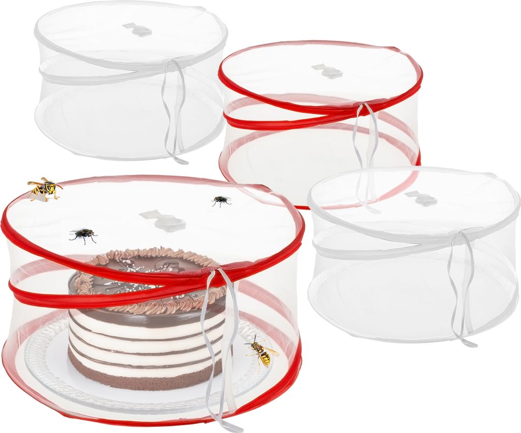 Four mesh food covers, one with a cake and insects, are displayed against a white background.