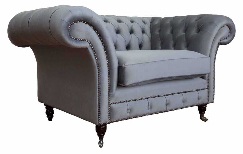 Chesterfield Ohrensessel Hocker Sessel Couch Polster Set Grau Textil