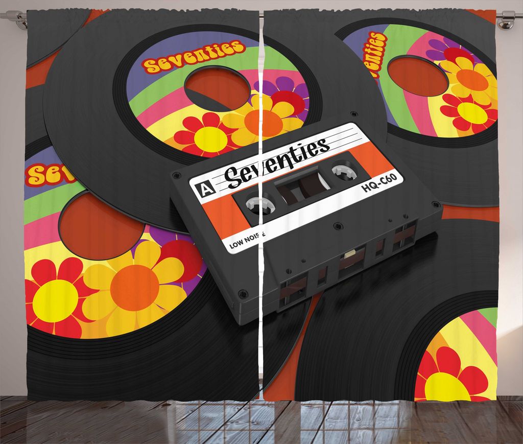 ABAKUHAUS Musik Rustikaler Gardine, Kassette Vinyl 70er Jahre, Schlafzimmer Kräuselband Vorhang mit Schlaufen und Haken, 280 x 225 cm, Mehrfarbig