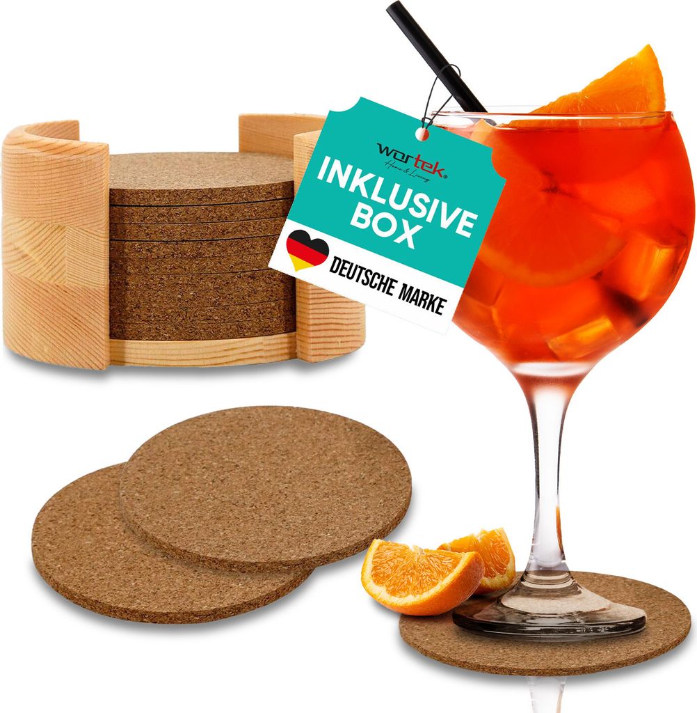 wortek Kork Untersetzer - Holzhalterung I Korkdeckel - Getränke, Tassen, Bar & Tisch, 10er Set I 10cm I Rund I Tischset
