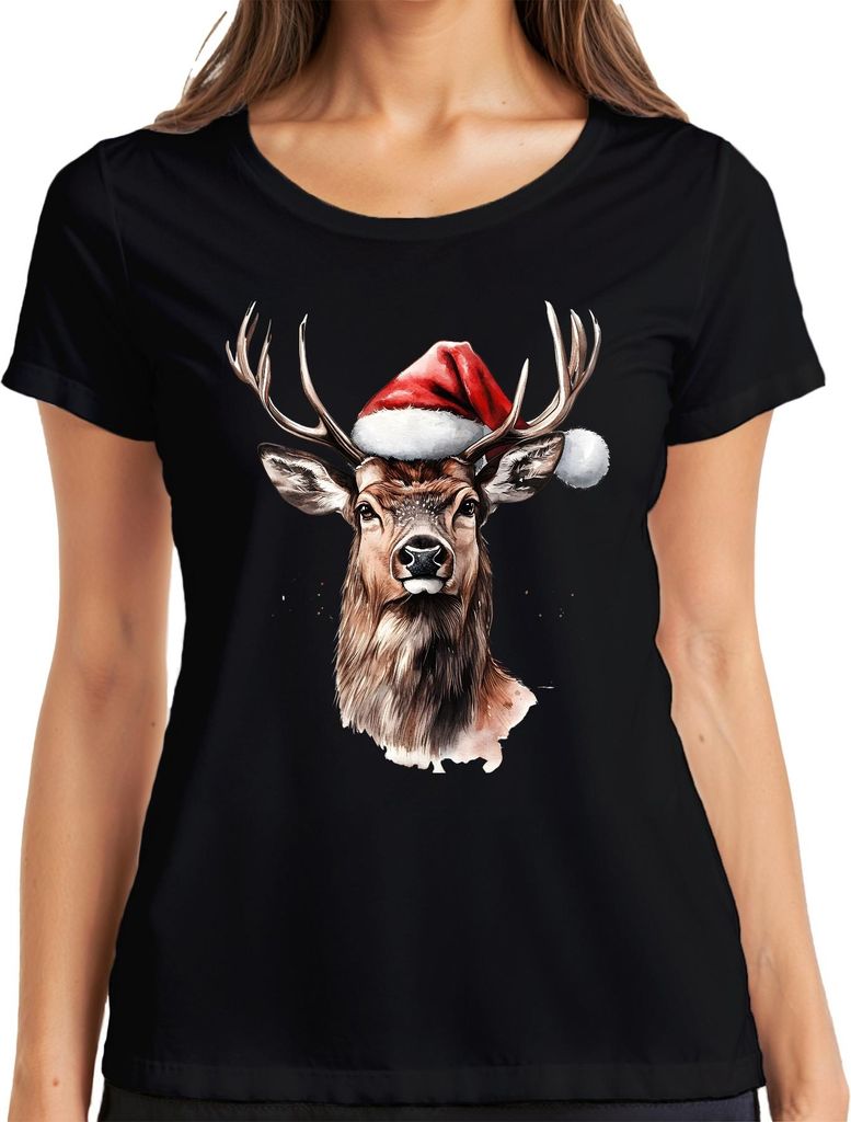 Rentier Santa Geweih Weihnachten Aquarell Geschenk Vintage Lustig Damen T-Shirt, Schwarz, XL