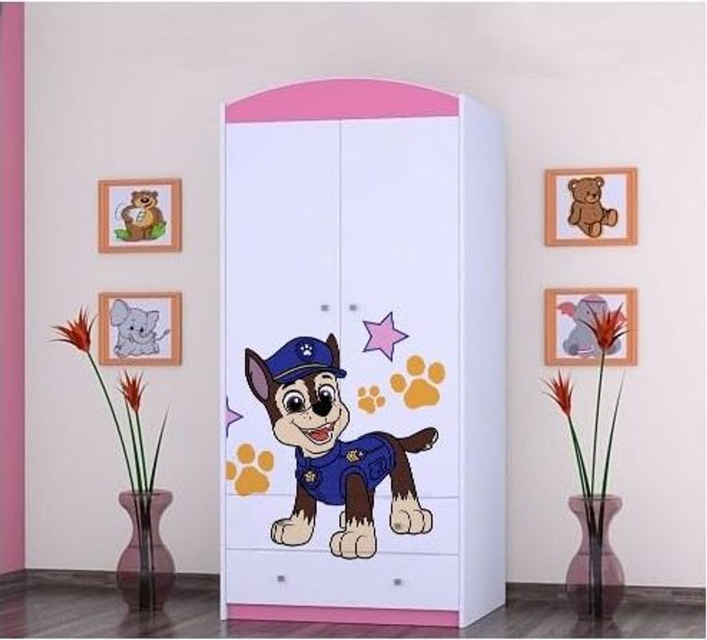 BDW Kinder Kleiderschrank, Kinderschrank Super Hunde Motiv Kinderzimmer, Rosa