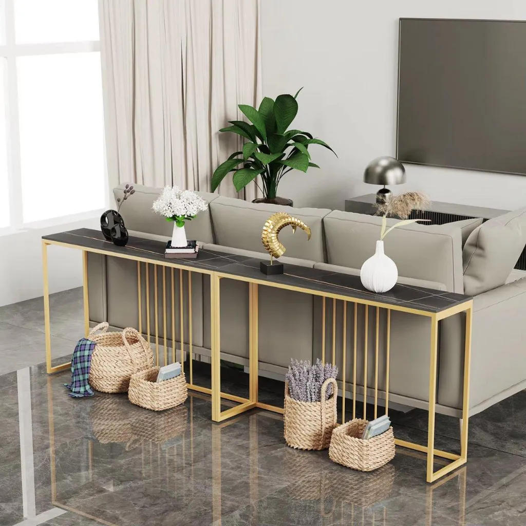 Table Console Murale Design Emerald Look - Meuble d'Appoint Blanc et Or - 3
