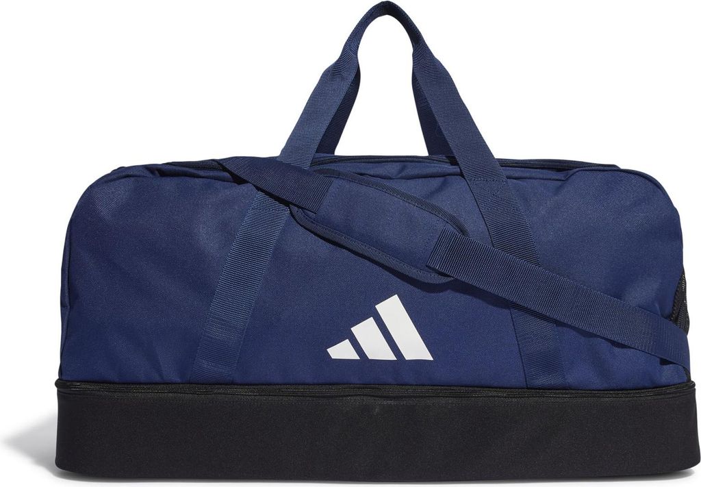 A studio shot of a blue and black Adidas duffel bag.
