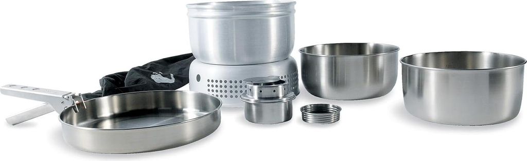 Tatonka Multi Set + Alcohol Burner (8-teilig) - Camping-Kochgeschirr aus Edelstahl mit Spirituskocher (Pfanne, 2 Töpfe, Klemmgriff, Windschutz,