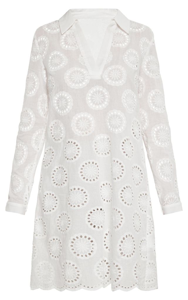 Damen Kleid weiß aus 100% Baumwolle mit Lochstickerei, V-Ausschnitt, langen Ärmeln, A-Linie, Boho-Chic, Gr. L