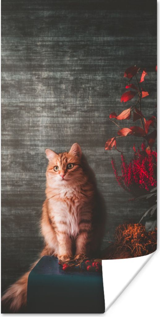 MuchoWow Poster Blumen - Katze - Herbst 60x120 cm - Wandschmuck