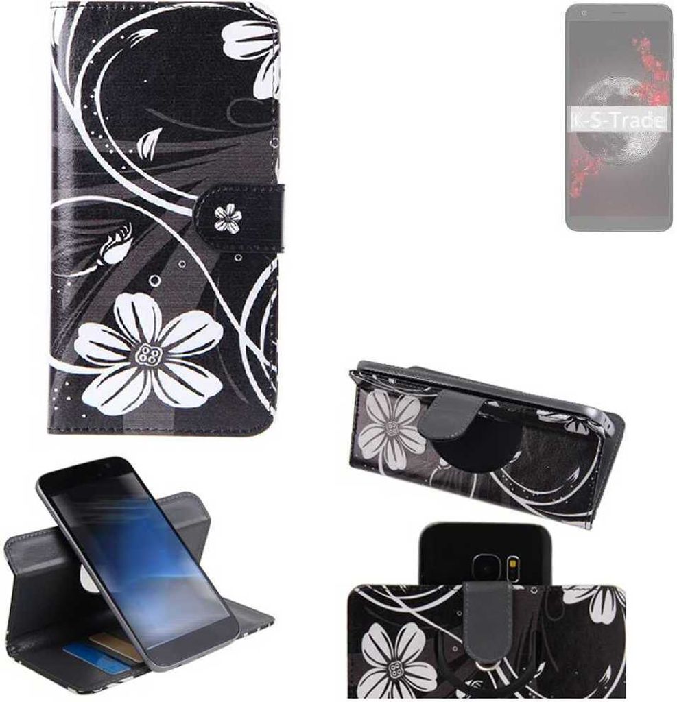 K-S-Trade Schutzhülle Handyhülle kompatibel mit Sharp Aquos B10 Hülle 360° Wallet Case ''Flowers'' Klapphülle Hülle schwarz-weiß 1x