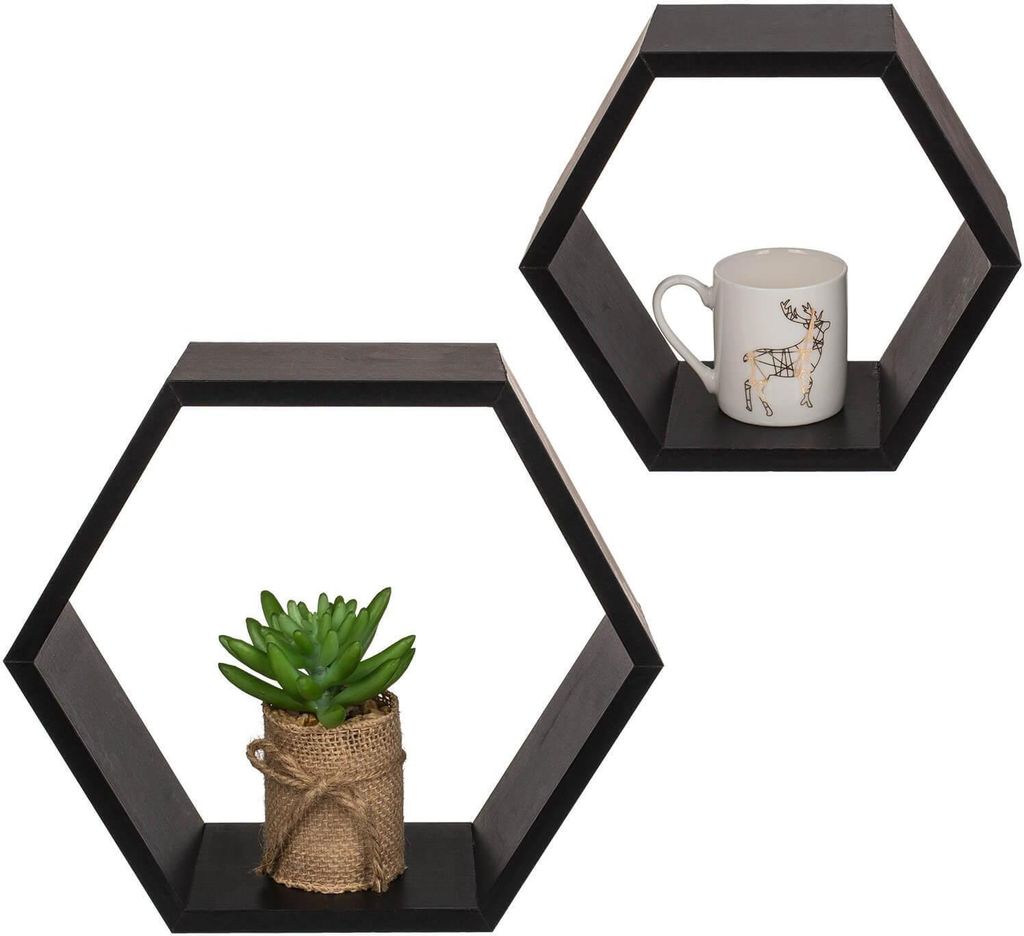 Holzregal Wandregalset Hexagon Hängeregal 6-eckig Schwarz 2er Set