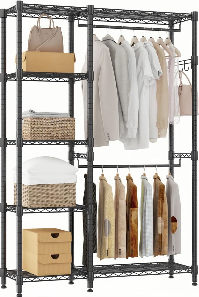 A metal wire shelving unit used as a wardrobe, displaying various clothing items and storage baskets.