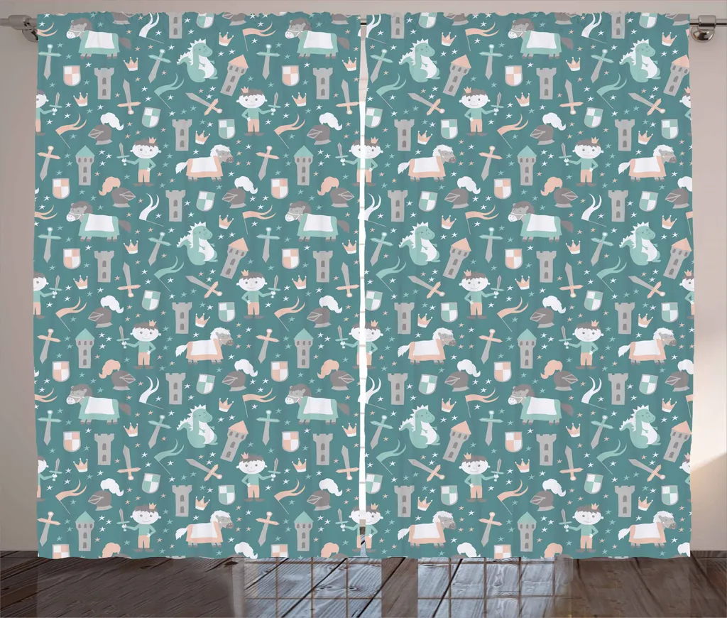 ABAKUHAUS Fantasia Tenda rustica, Castello Piccolo Principe, Soggiorno Nastro universale Tende con passanti e ganci, 280 x 245 cm, verde acqua, pesca e grigio