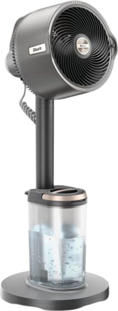 A dark gray and silver stand fan with a clear water tank.