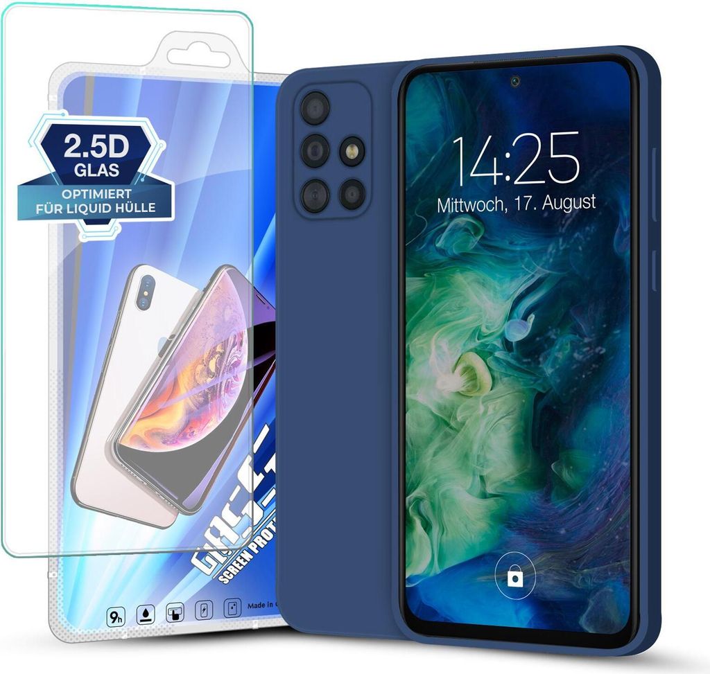 Hülle für Samsung Galaxy A51 mit 9H Displayglas Displayschutz Plus Case Cover Bumper Silikon Softgrip Schutzhülle Farbe: Blau