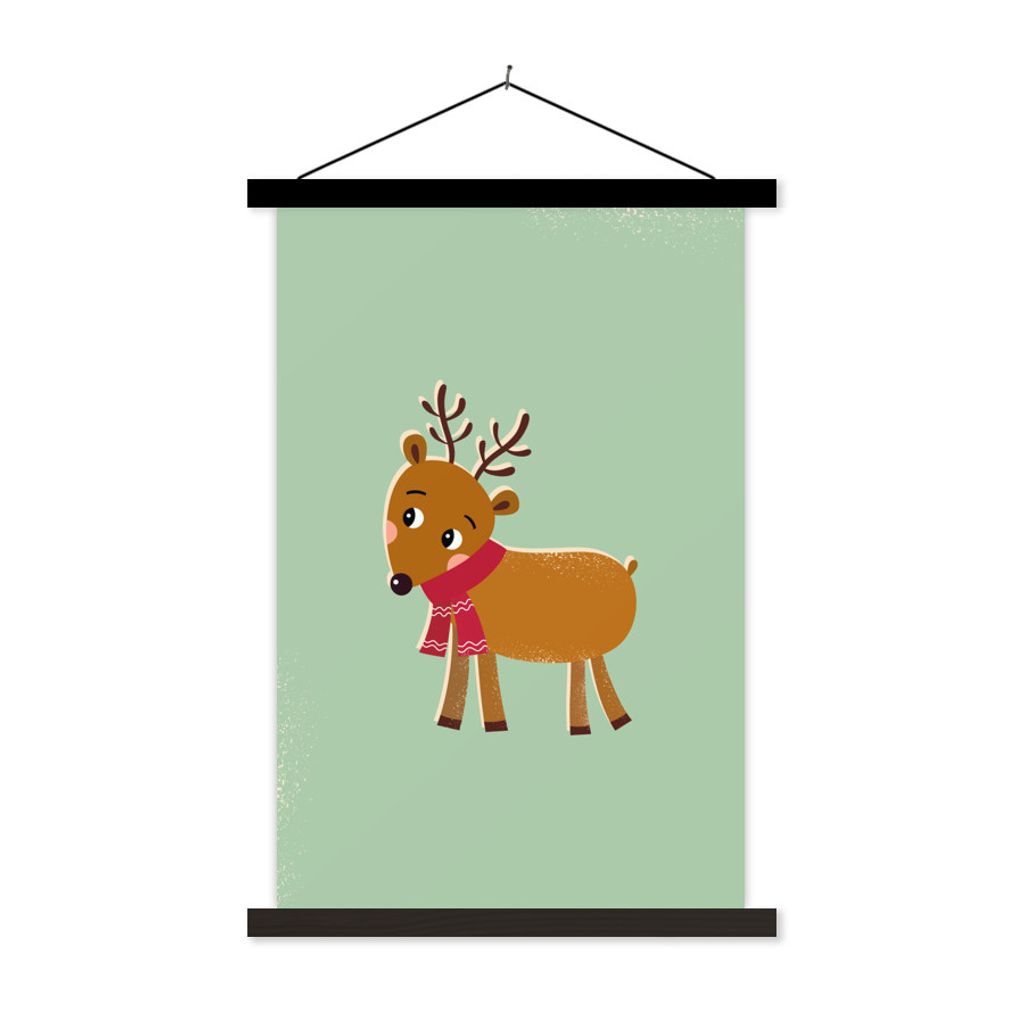 MuchoWow Textilposter Rentier - Weihnachten - Winter - Grün 60x90 cm mit schwarzem Rahmen - Poster Wohnzimmer
