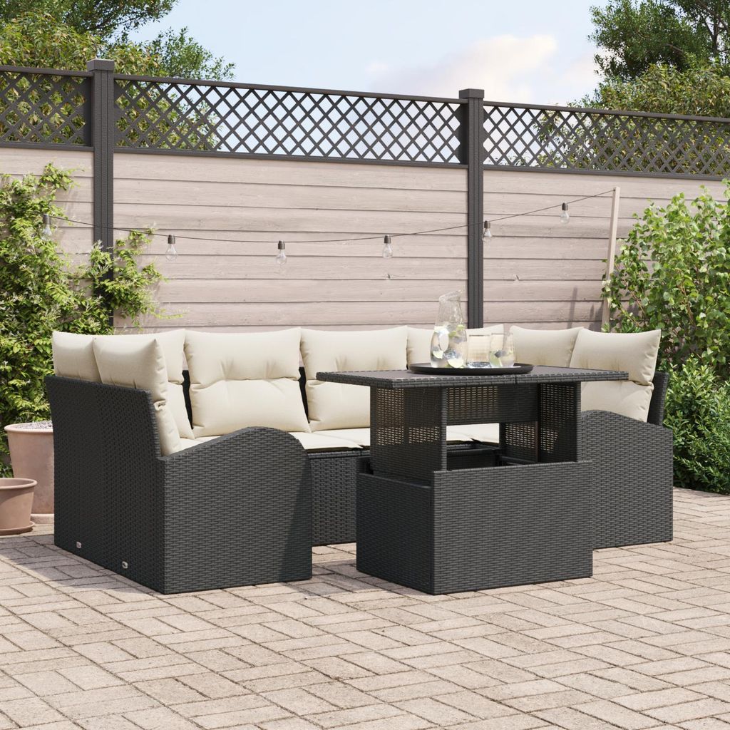 7-tlg. Garten-Sofagarnitur mit Kissen Schwarz Poly Rattan, Design Gartensofas Neu