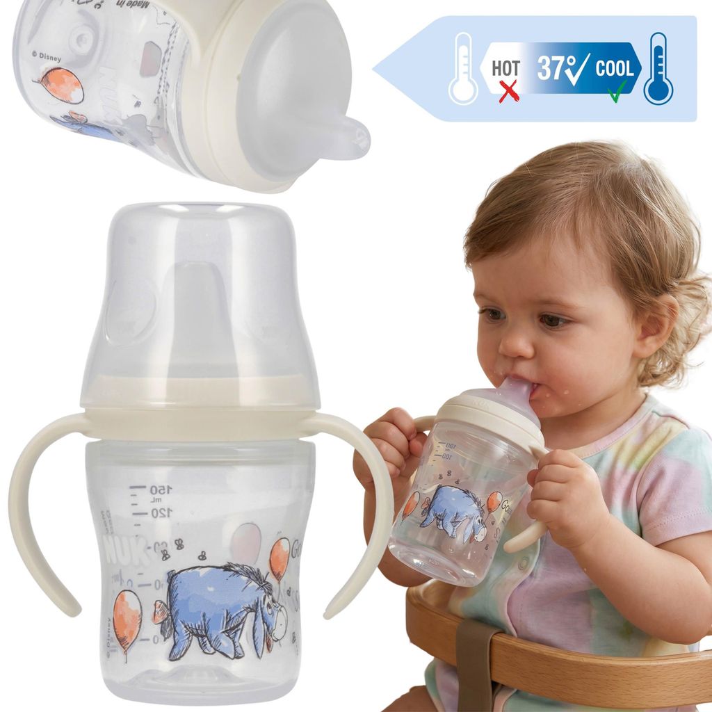 NUK DISNEY Winnie Puuh Eeyore Trinklernflasche mit Griffen, Anti-Kolik, mit tropfsicherem Trinkschnabel, 150 ml, ab 6 Monaten