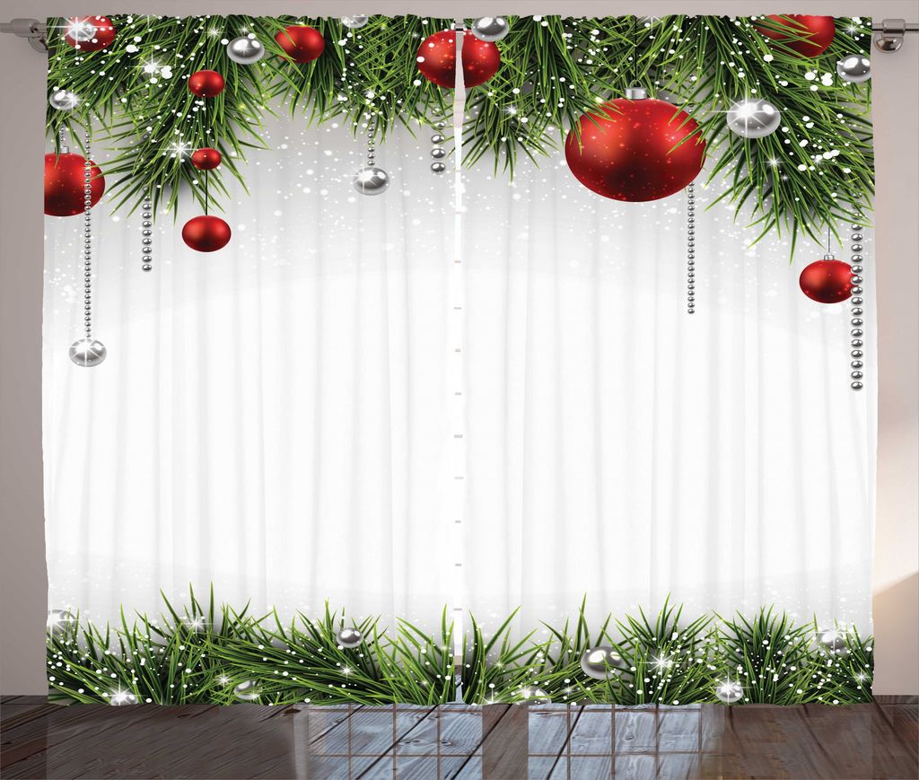 ABAKUHAUS Weihnachten Rustikaler Gardine, Baum Balls Ornamente, Schlafzimmer Kräuselband Vorhang mit Schlaufen und Haken, 280 x 225 cm, Grün Rot