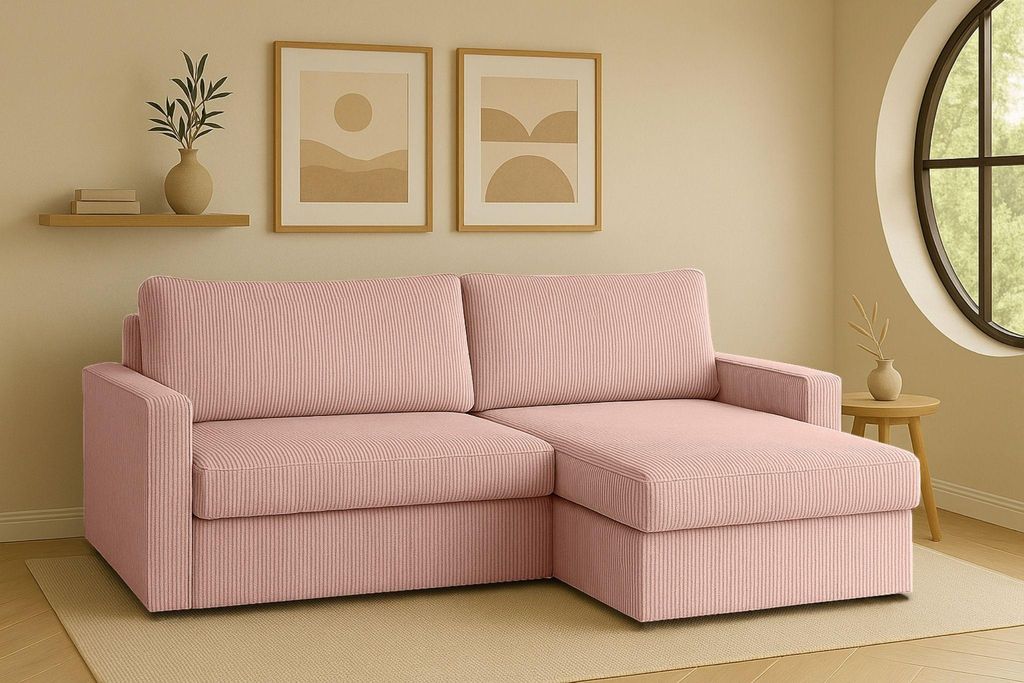 Kaiser Möbel Ecksofa mit Schlaffunktion und Bettzeugablage LUBEKA, Stoff Poso Rosa Rechts