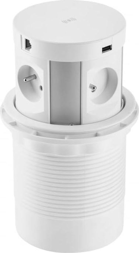 GTV Einbautischsteckdose COMFORT PLUS 120mm, 4x French, 2xUSB, 2xRJ45, Induktionsladung 5W, 1,5m Kabel, Weiß - für Büro, Küche, Konferenzräume