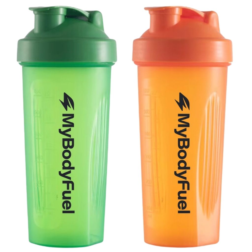 MyBodyFuel Shake Becher (2er Set) – Protein Shaker mit Mixfilter, 700 ml, BPA-frei – Für Smoothies & Proteinshakes (Grün/Orange)
