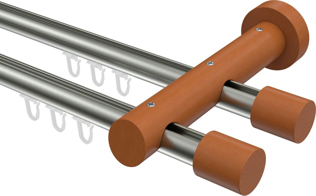 Interdeco Innenlaufstange / Gardinenstange mit Innenlauf Edelstahl-Optik / Kirschbaum lackiert, Typ Talent Feta (Kappe), 20 mm Ø 2-läufig, 320 cm